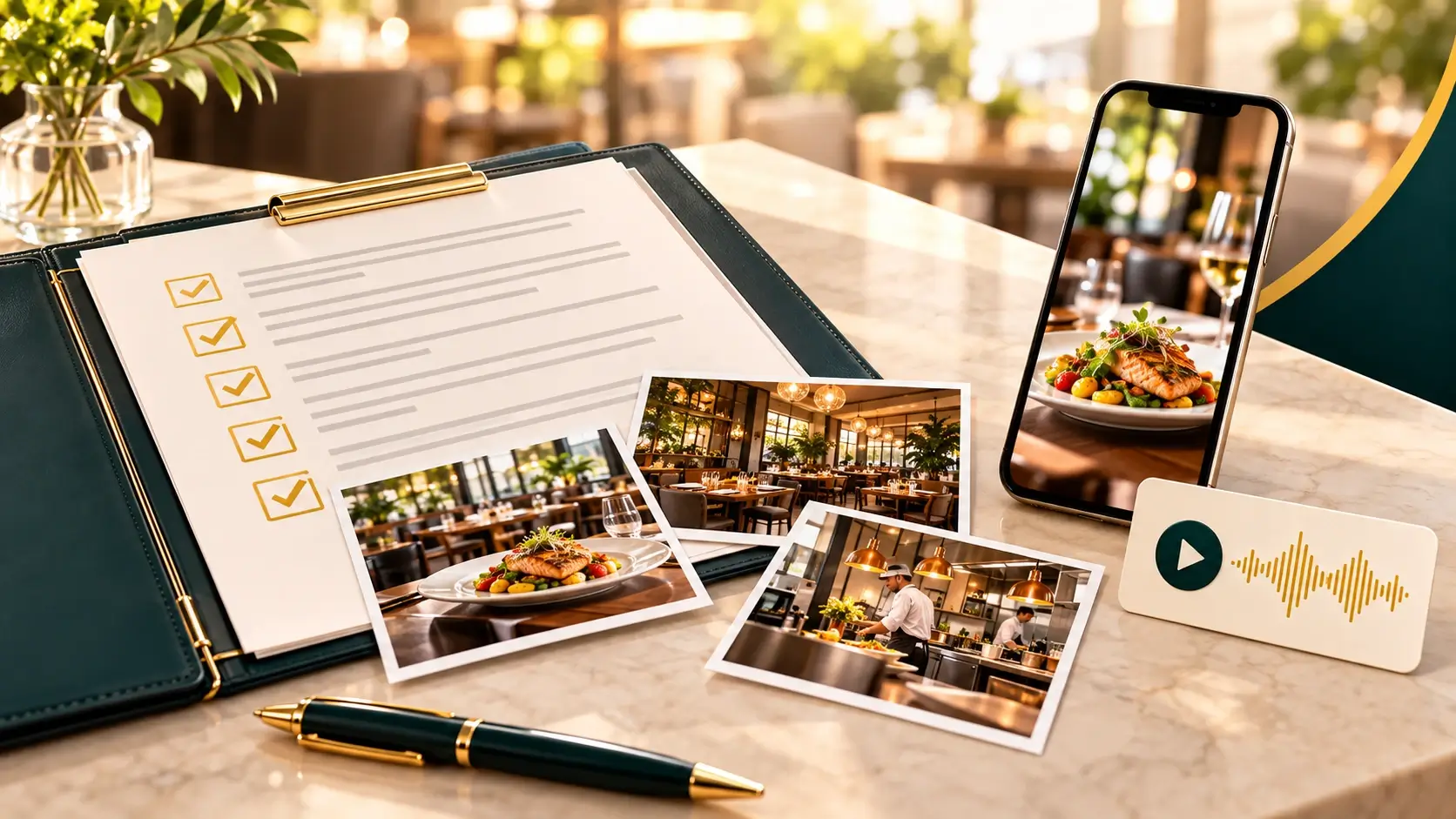 Evaluador mystery shopper documentando una visita con fotografía y audio en un restaurante