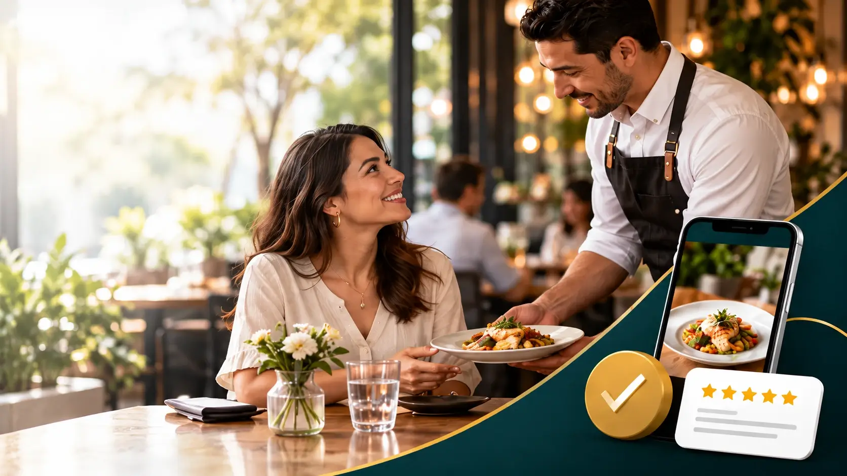 Cliente satisfecho siendo atendido en un restaurante, con reporte de evaluación de 5 estrellas