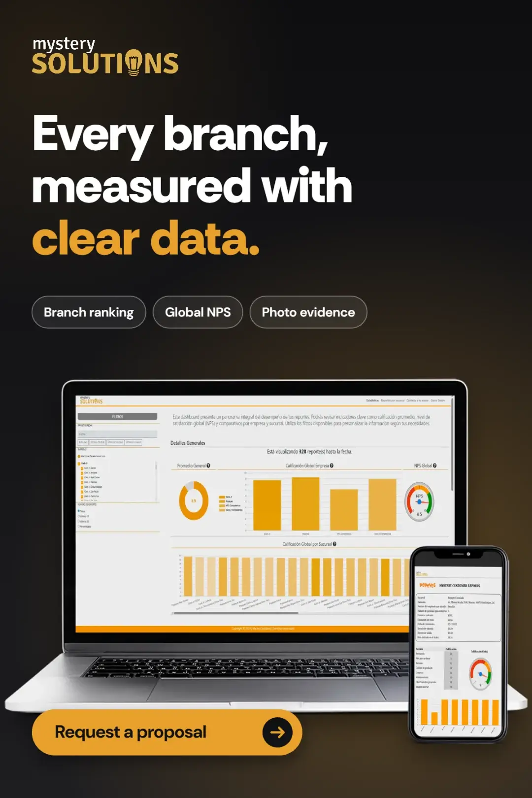 Mystery Solutions platform: every branch measured with clear data, with branch ranking, global NPS and photo evidence